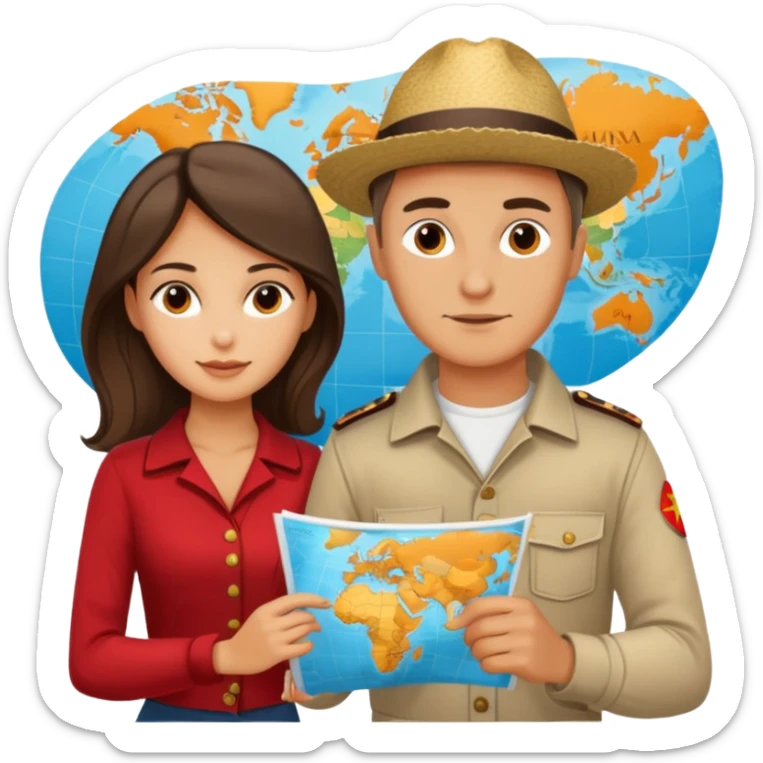 Russian man and elegant Spanish girl in costal outfits with a map planning  sticker