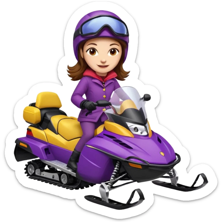 Brown hair Woman wearing red coat  on purple and yellow snowmobile sticker