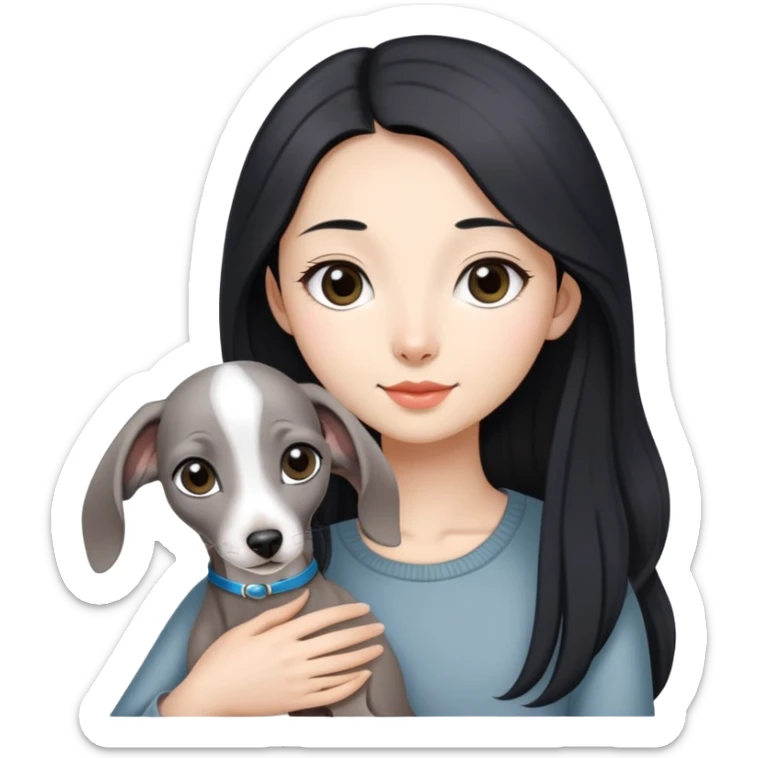 Slim Chinese girl with long black hair holding all grey Italian greyhound sticker