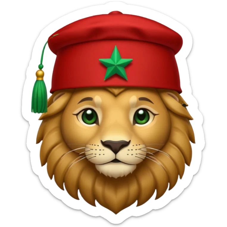 Cute lion emoji face wearing a red Moroccan fez with a green star on the front and a black tassel on the right side. Solid dark-blue background. sticker