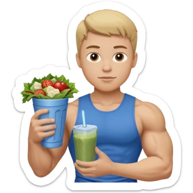 A young male person with a muscular, well-defined build. He has short dark blonde hair, a light skin tone, and a neutral facial expression. He wears blue cloth. He is holding a salad in one hand and a protein shake in the other. sticker