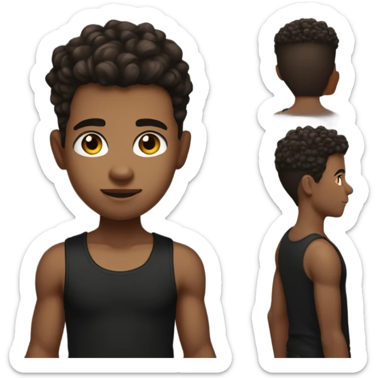 Boy with hair shaved on the sides and curly hair on top, dark brown eyes, wearing black tank top sticker