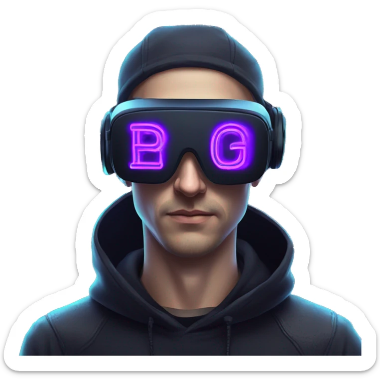 Russian man in the black hoody with violet letters "OMG VR" on it wearing vr headset. Cyberpunk style. blue neon. sticker