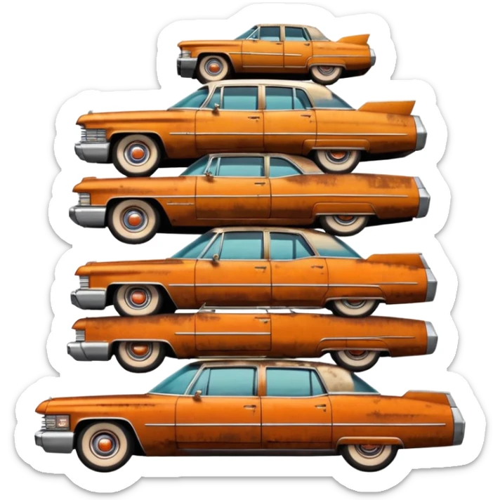Cinematic realistic ultra HD - a pile of old vintage cadillac cars stacked in a pyramid sticker