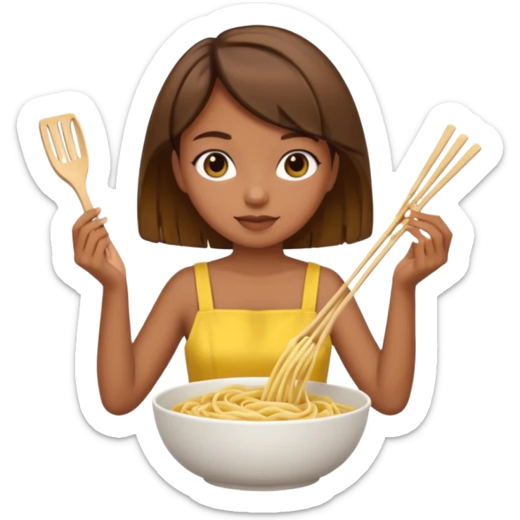Brown short hair girl with cute yellow dress making noodle sticker