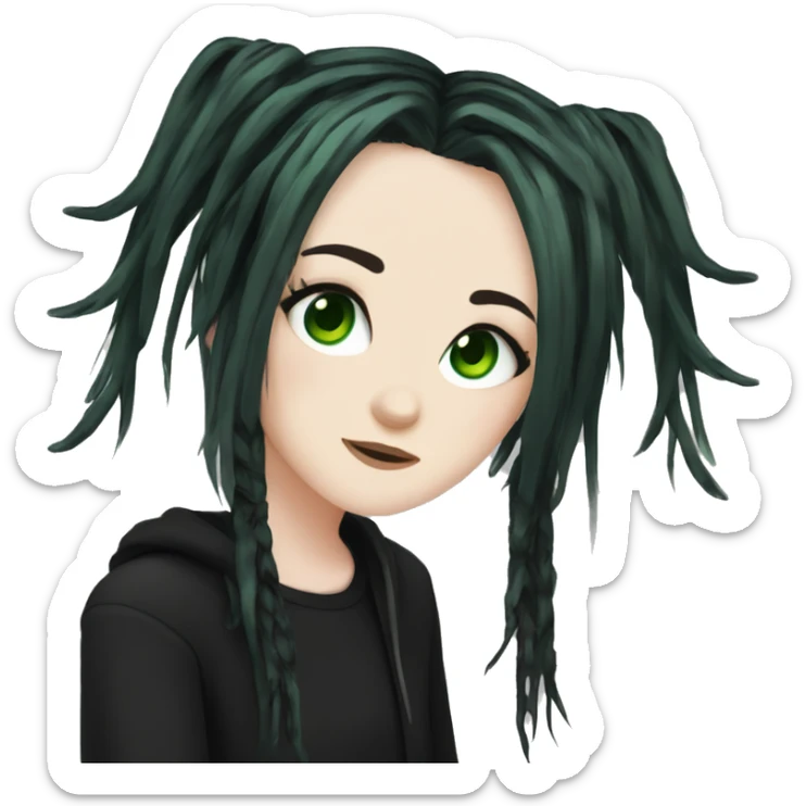 Emo girl, pale skin, green eyes, black dread-locks, bangs, black clothes, eyeliner, deer antlers  sticker