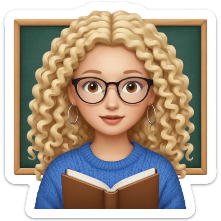 cute white woman with VERY LONG blonde curly hair, brown eyes, full lips, natural clean girl makeup and hoop earrings and square glasses, studying sticker