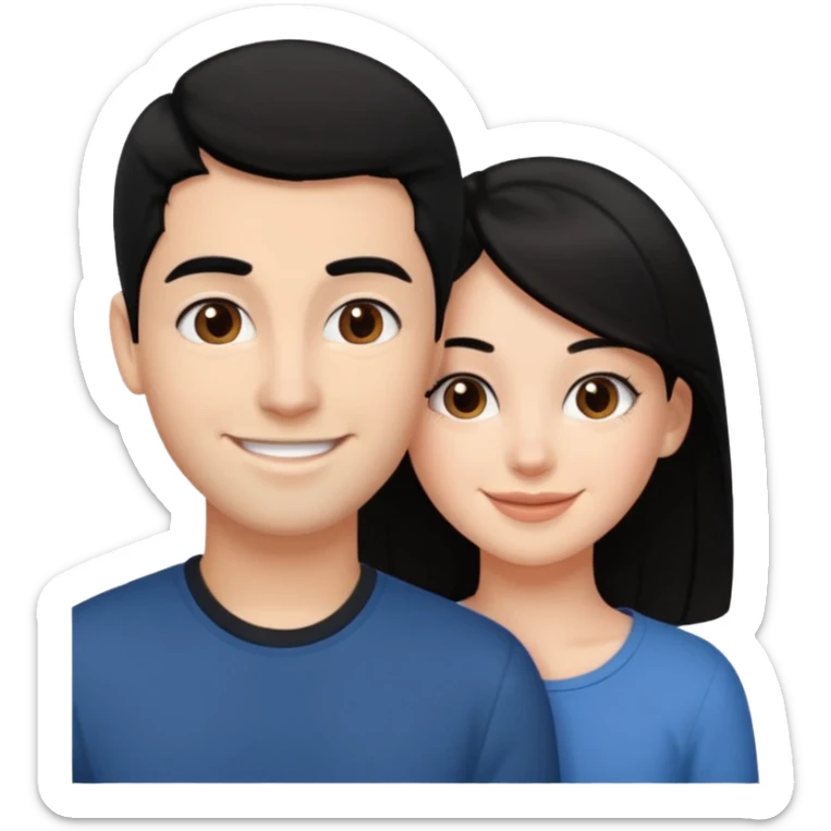 White girl with black hair, and brown boy with black hair, cheek to cheek smiles sticker