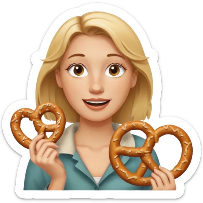 Winking, Dirty blond woman, fair skin with freckles,  holding pretzel sticker