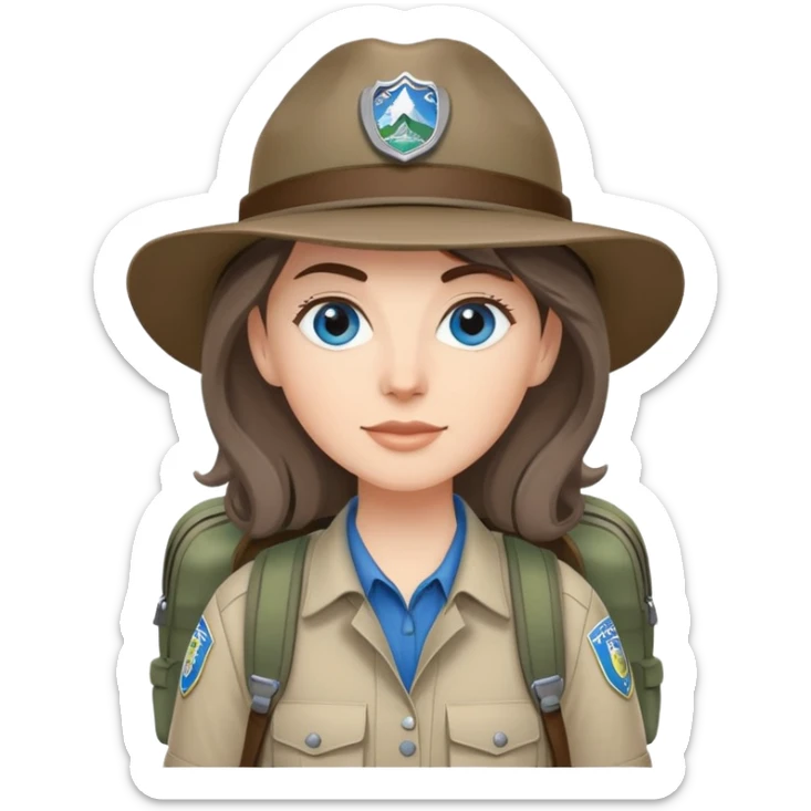 white woman park ranger with gray and brown hair, blue eyes, wearing a backpack sticker