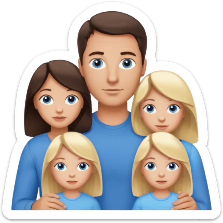 Family portrait with father with dark brown hair and blue eyes, mother with light brown hair and blue eyes, three blonde little girls with blue eyes sticker