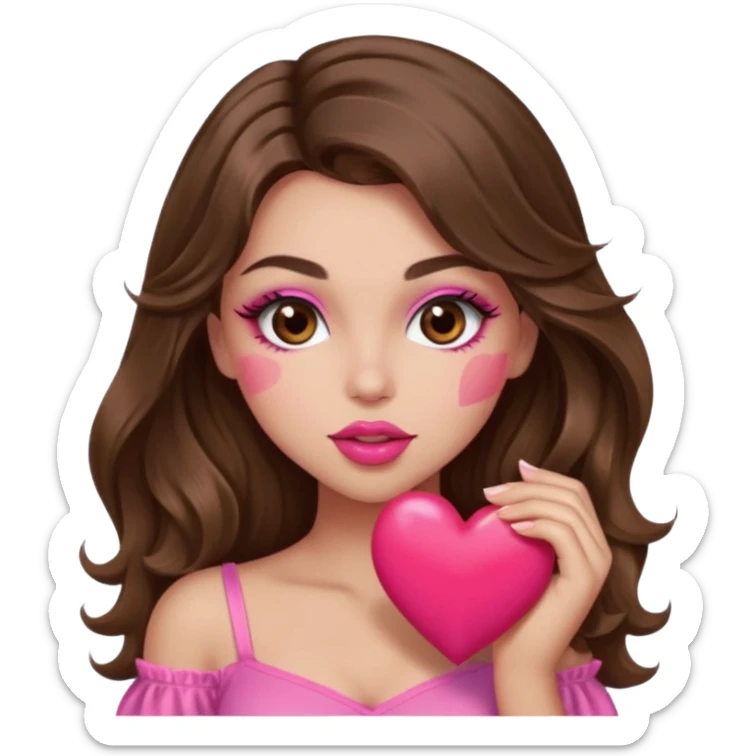girl with long wavy brown hair, brown eyes, long lashes makeup, sexy pink lips, light to medium complexion, wearing a pink sexy top, sexy , puckering, blushing, kissing a heart sexy sticker
