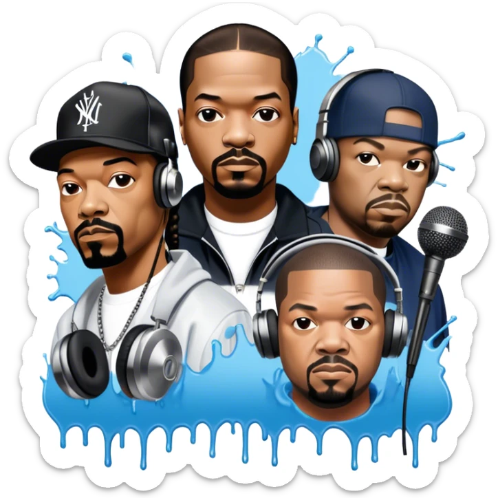 Icon for Rap Music: collage of rap legends—Snoop Dogg, Ice Cube, Dr. Dre, and 50 Cent. Iconic elements include microphones, headphones, and urban street elements like graffiti. Bold, energetic vibe with a hip-hop style. Transparent background. sticker