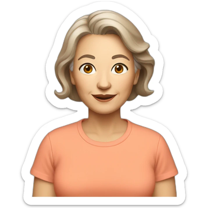 63 years old woman light brown hair with a salmon color T-shirt sticker