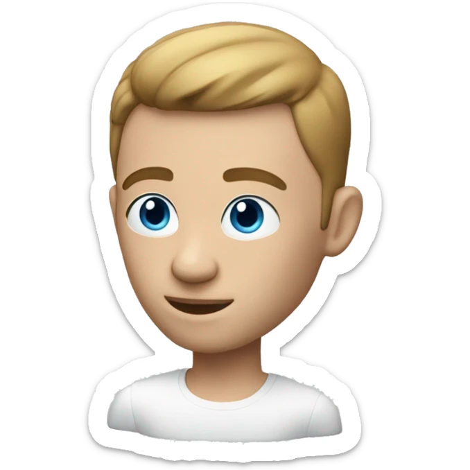 a white memoji man with a french crop behind a laptop with blue eyes sticker