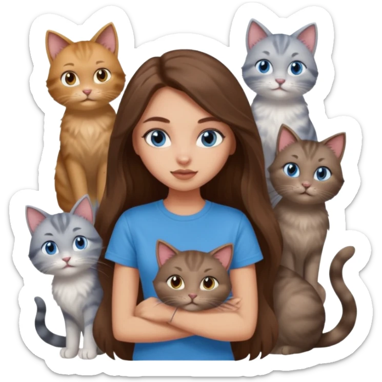 a pretty bratz dusky light skin girl with long brown hair, blue eyes with six cats nd wearing a grey tshirt sticker