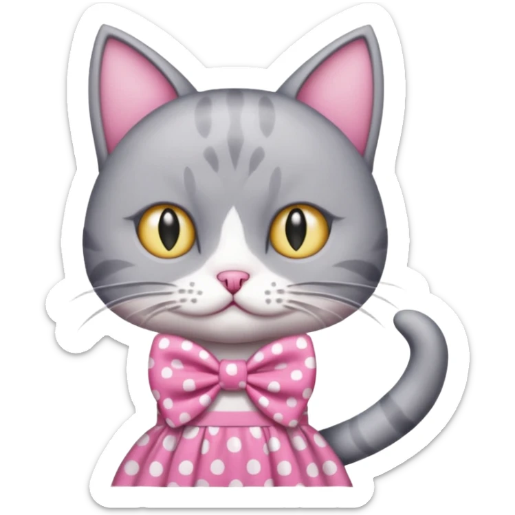 Evil Gray and white evil cat with a pink polka dot dress and with a pink polka dot bow sticker