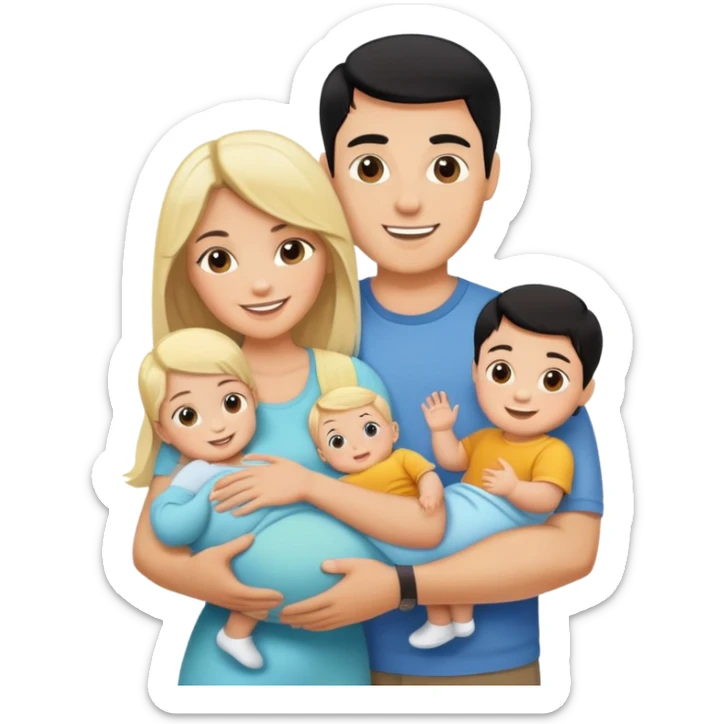 family with blond dad, brunette mom, blonde son, daughter with black hair, and a baby sticker