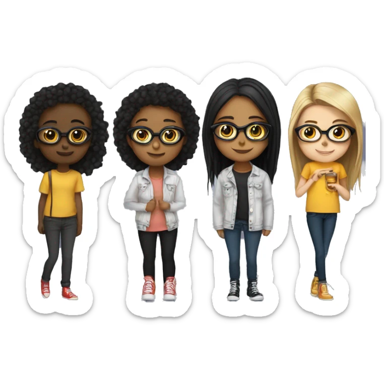 4 girls 2 have glasses 1's height is il small and black rest 3 r perfct and lil black doesn't have glasses sticker