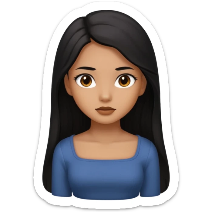 A deep skin girl (deep skin is caramel color not dark) with long black hair swept TO THE FRONT and a square neckline shirt and brown eyes sticker
