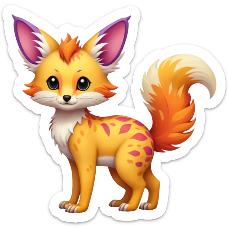 Feral Rare Fantasy vibrant colorful tropical cute, kawaii, cool, ed Vernid-Trico-species by LiLaiRa, random markings, tufted tail, tufted ears, full body, cheek markings sticker