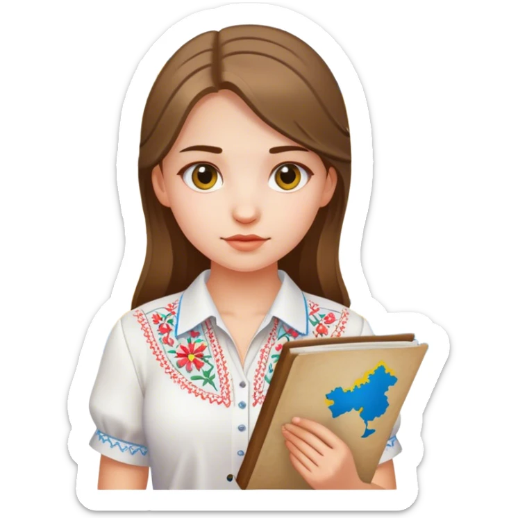 A Ukrainian girl in a white embroidered shirt holds a map of Ukraine sticker