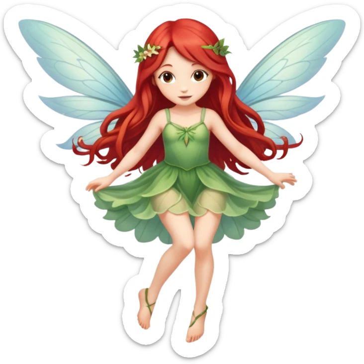 Une magnifique fée mignonne avec  de belles ailes une magnifique robe naturelle avec de très long cheveux roux avec des yeux marrons de belle jambe qui vole  sticker
