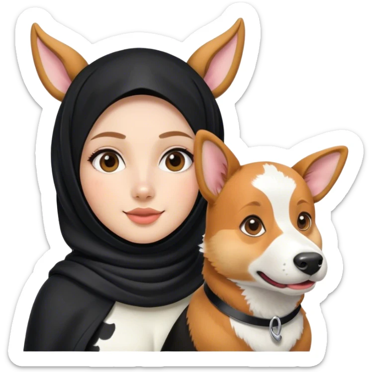 A girl with black hijab, and corgi that wears cow outfit  sticker