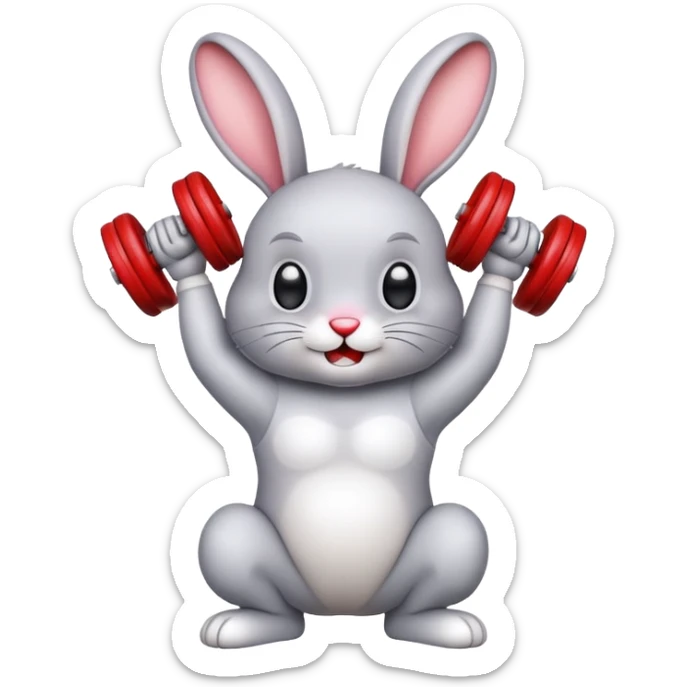 
I want an emoji of a rabbit lifting dumbbells, with the dumbbells being red. sticker