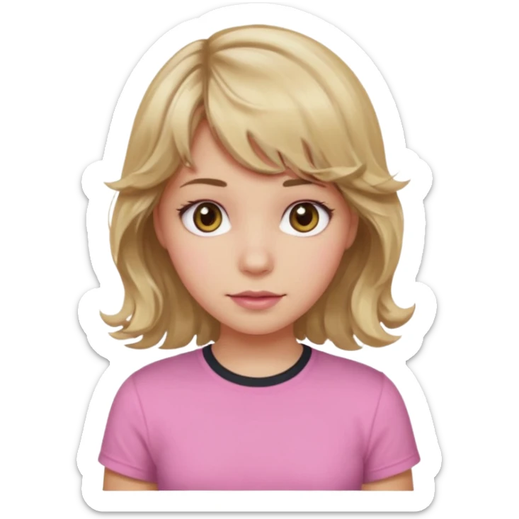 girl with wavy dirty blonde hair and wavy bangs, hazel eyes, white skin, pink cute shirt sticker