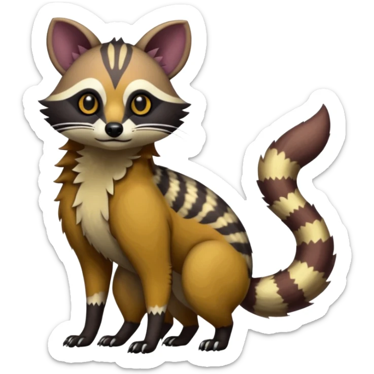 Rare warm-colored exotic edgy epic aesthetic gloomy spooky dark modern colorful cyber-Genet-Trico-Tanuki-Dingo-Civet-species-Fakemon-hybrid-creature, with beautiful intricate markings, full body sticker