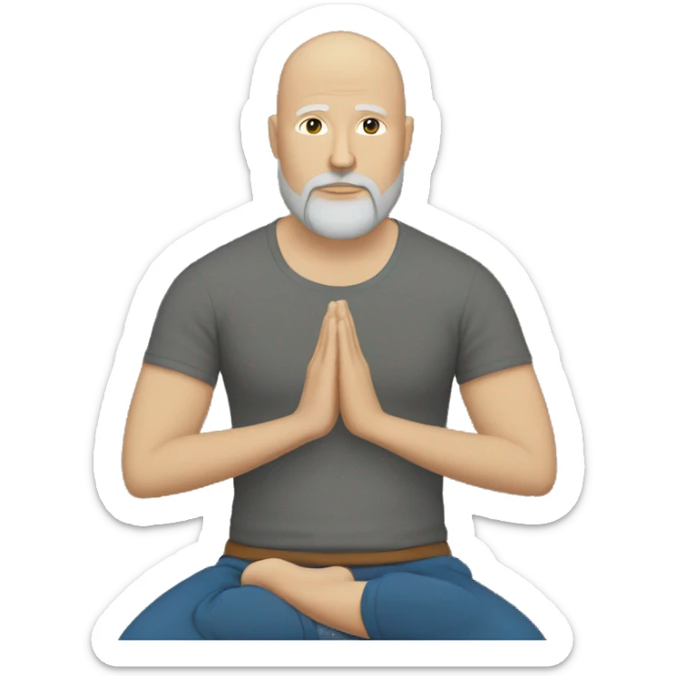 Emoji of bald and brown/grey bearded white man meditating in black tshirt and blue jeans sticker