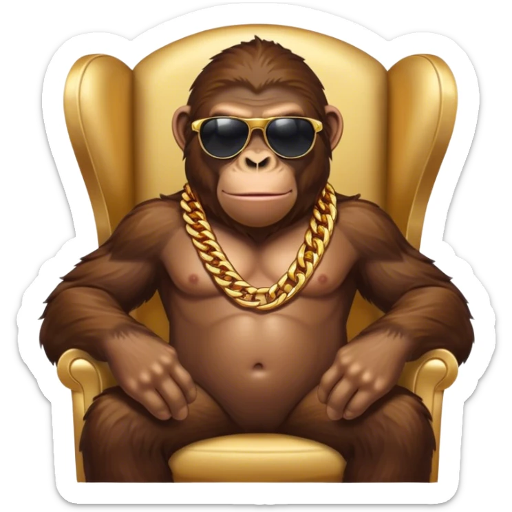 ape with big golden chain on the neck wearing sunglasses sitting in the armchair sticker