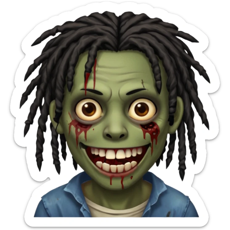 zombie with brown skin, messy black dreads hair, wide centered brown eyes, dark bloody marks under the eyes, and a smile showing grillz, giving a distressed, undead look. sticker