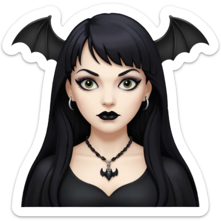vampira mulher branca com cabelo preto longo com franja na testa, sobrancelha grossa e lábios com batom preto com colar preto e pingente de morcego preto sticker