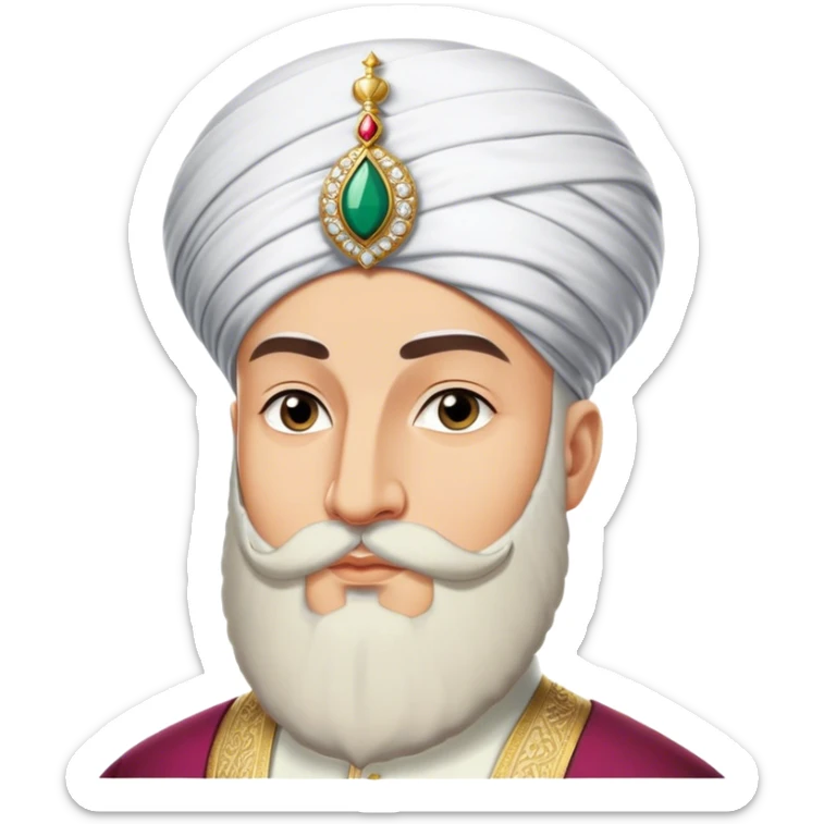 ​Cinematic Realistic Portrait of Suleiman the Magnificent, depicted as a regal Ottoman sultan adorned with a large, white, round, tall turban and a majesti beard, his commanding gaze bathed in warm, historic lighting that exudes timeless authority and grandeur, sticker