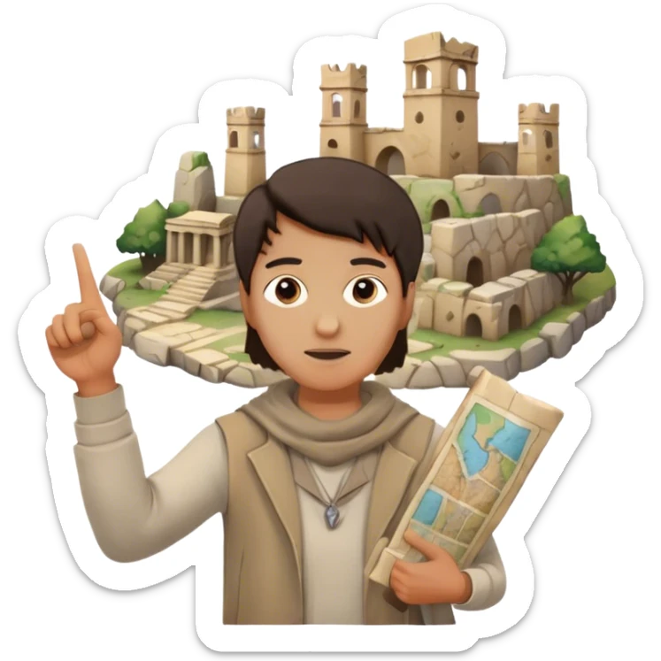 Icon for Documentary Film: A traveler in casual clothing standing and pointing towards ancient ruins, explaining history. The scene should evoke a sense of exploration, with the traveler holding a map or scroll. Include crumbling stones and historical artifacts. Transparent background. sticker