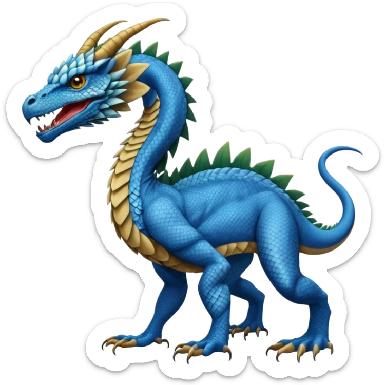 Mušḫuššu, ancient Mesopotamian hybrid: blue scaled body, lion forelegs, eagle hind legs, long neck, horned dragon head, lizard tail sticker