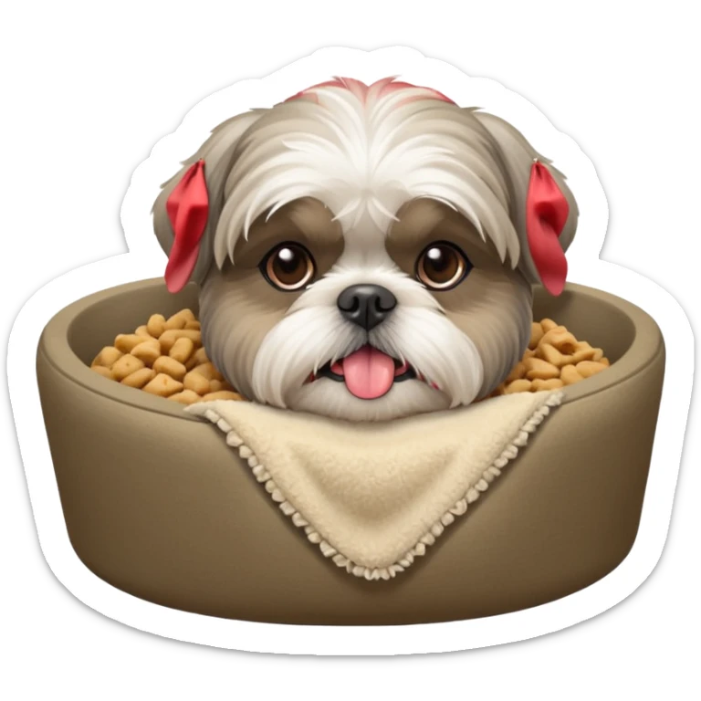 old ALL grey shih tzu in dog bed tongue hanging out bowl of food in front sticker