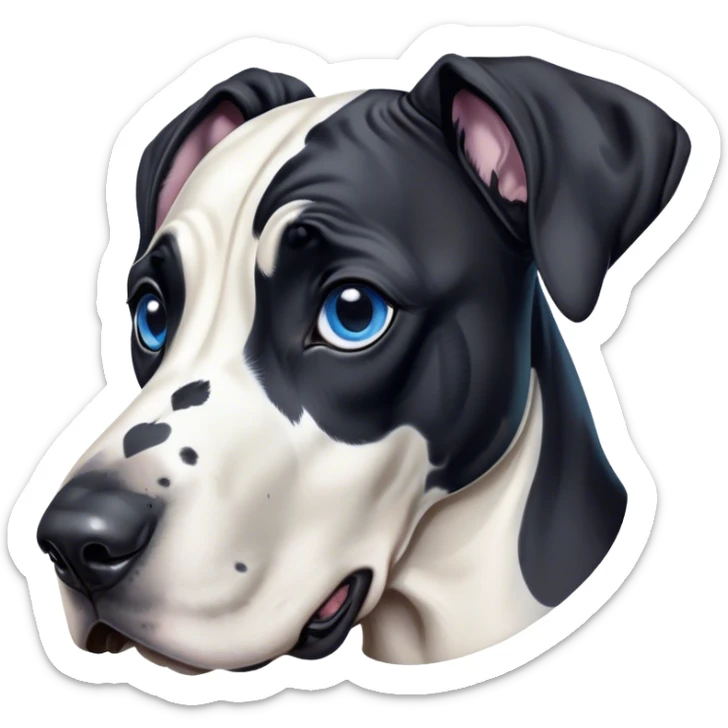 Cinematic Cute Harlequin Great Dane Portrait Emoji, Head tilted playfully and inquisitively, featuring a glossy coat of predominantly white with dynamic black patches, round, sparkling blue eyes filled with gentle curiosity, Simplified yet irresistibly adorable features, highly detailed, glowing with a warm, friendly glow, high shine, affectionate and gentle, stylized with a touch of whimsy, bright and endearing, soft glowing outline, capturing the essence of a mischievous yet loving pup, so playful it feels like it could lumber out of the screen and into your arms! sticker