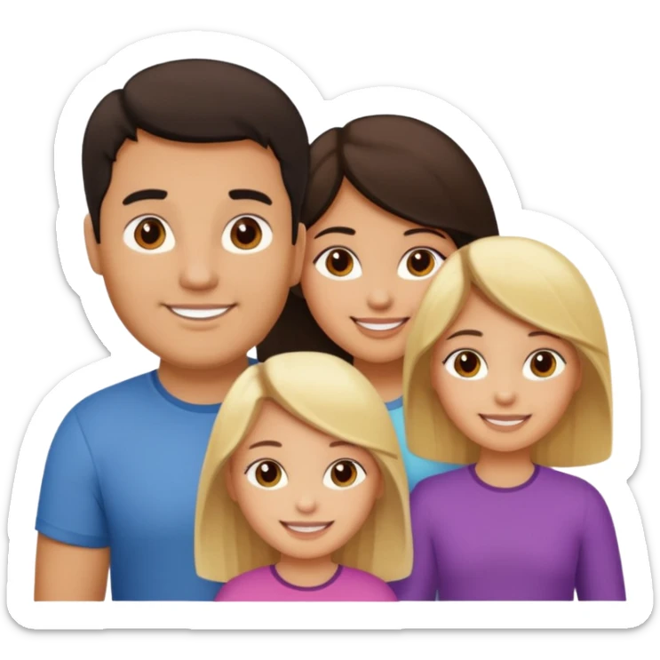 Familia de 4 personas sonriendo: Hombre gordito pelo oscuro, Mujer pelo cafe, hija 1 pelo mono e hija 2 pelo oscuro.sólo 4 personas. sticker