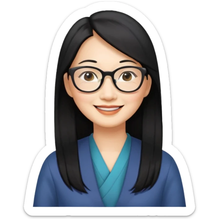50 yr old asian woman, long straight black hair, side part, big glasses sticker