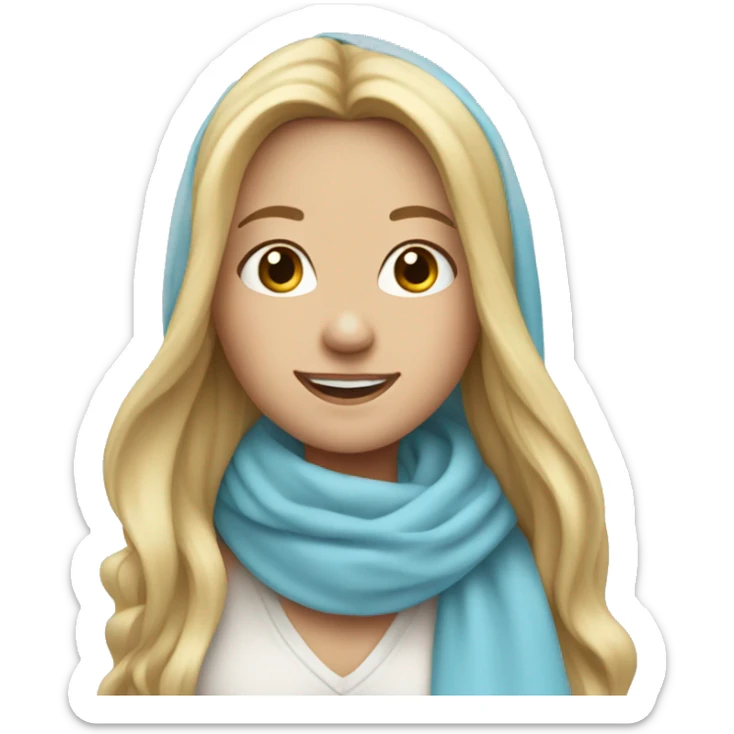 smiling girl with long blonde hair and light blue scarf loosely covering head  sticker