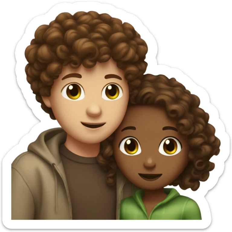 White boy with curly brown hair and green eyes, kissing a brown girl with straight brown hair and brown eyes  sticker