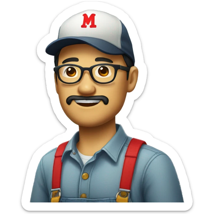 An Asian man with a beard and glasses, wearing an overalls and a button-up shirt and a dark cap with a red letter "M" design sticker