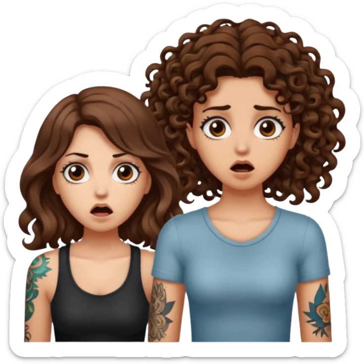 mutated crystal — long wavy brown hair tattooed woman and short tight curly brown hair woman — shocked reaction sticker