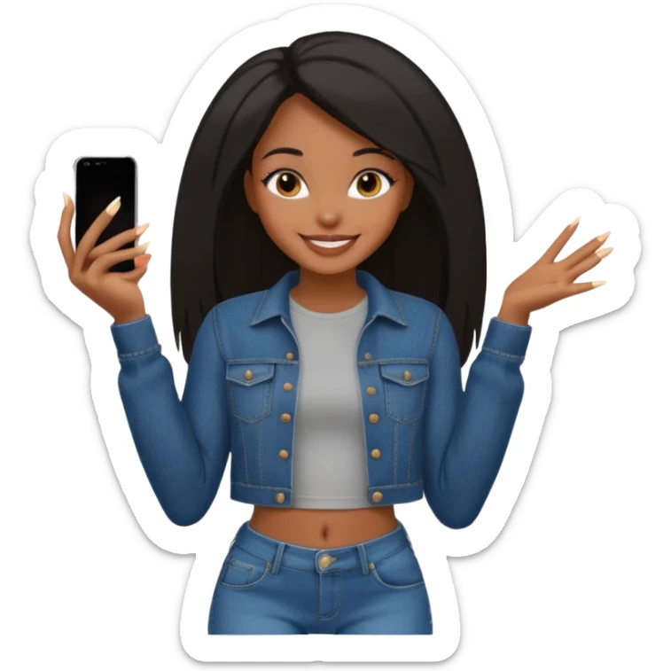 face girl with nails and cute make up black girl strait hair super long  top and slim body and baggy jeans sticker