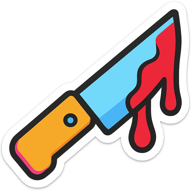 3D cartoon style knife with colorful outline, intense red blood on blade, fun and eye-catching look sticker