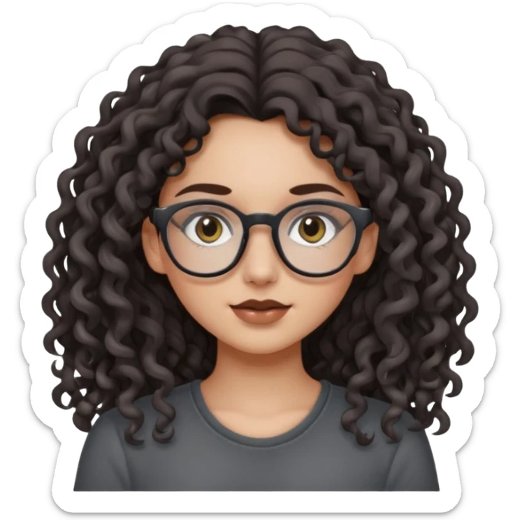 aesthetic white girl with dark brown, long curly hair, she wears a dark grey top and  glasses and her eyes are black sticker