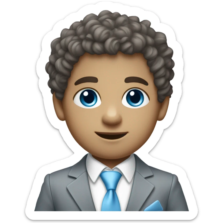 Little young  gentleman wearing a grey suit with white shirt and baby blue tie with blue eyes , white  skin and brown curly hair and full body . Wearing a watch  sticker